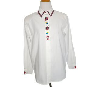 Karen Scott Women Twee Teacher Button Front Shirt Apple Embroidery Novelty Small